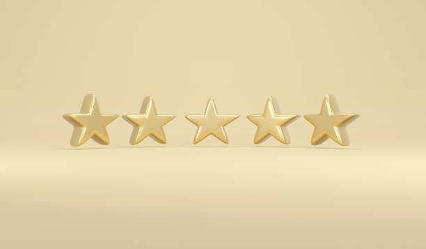 3D渲染概念的审查评级。金色背景上的金色五星。3D渲染。3D插图。最小的设计模板。图片下载