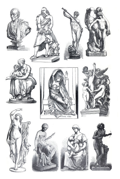 法国雕像如让·安托万，皮埃尔·让·大卫dángers，大卫·冯·安东宁，路易斯·欧内斯特·巴里亚斯，尤金·德拉普朗什，詹姆斯·普拉迪尔，让·巴蒂斯特·卡波。手绘复古雕刻插图。图片下载