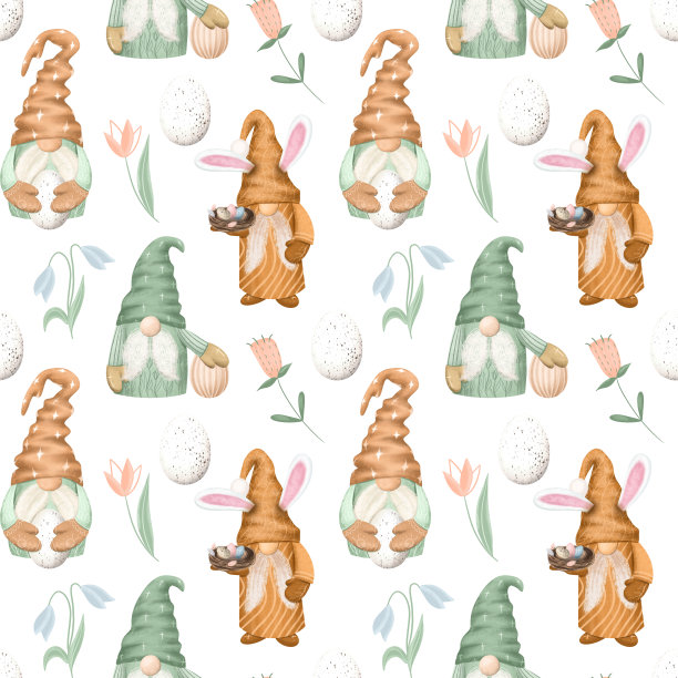 复活节侏儒和春天花朵的无缝图案，在白色背景上手绘插图图片下载
