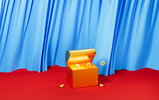 打开宝盒和蓝色窗帘背景，3d渲染。图片下载