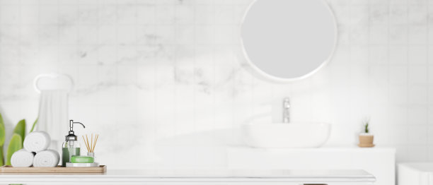 带有复制空间的现代白色浴室桌面和一套浴室产品图片下载