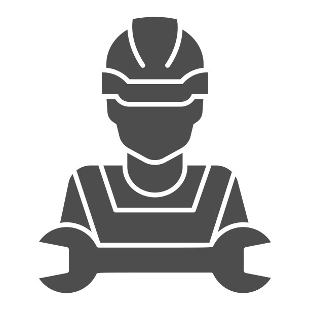 人在头盔和扳手固体图标，修理概念，工人与工具标志在白色背景，修理人员在安全帽和扳手图标在象形风格。矢量图形。图片下载