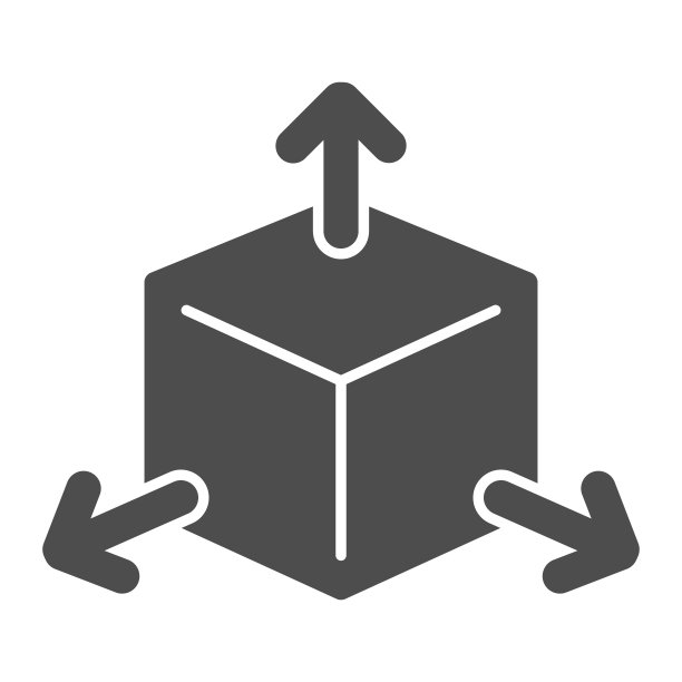 立方体与箭头固体图标，方向或数学概念的选择，三个面的立方体标志在白色背景，体积方形与箭头图标在字形风格。矢量图形。图片下载