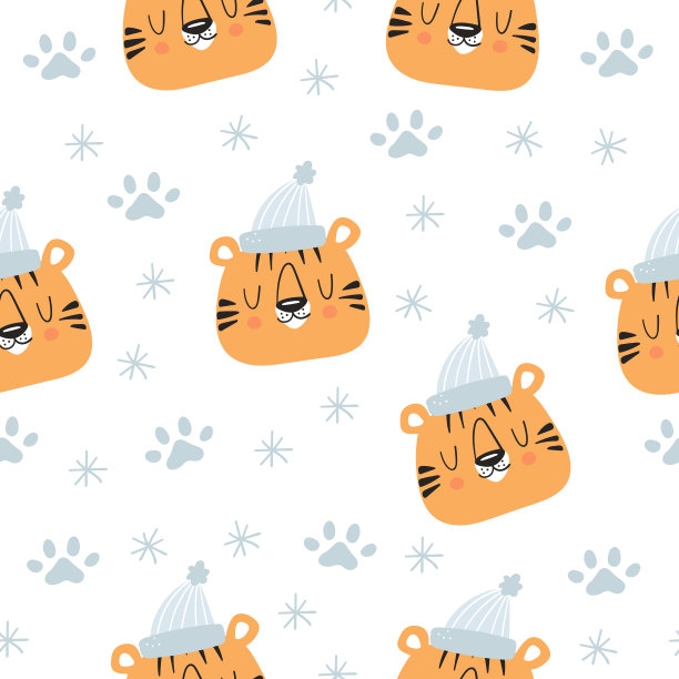 可爱的老虎和雪花冬天无缝图案。手绘可爱的海报，t恤。矢量插图。图片下载