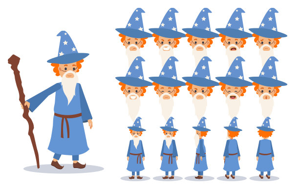 万圣节的小男孩穿着巫师服装。不给糖就捣蛋。正面，侧面，背面动画角色。矢量卡通风格，平面矢量插图。图片下载