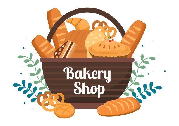 面包店，出售各种类型的面包，如白面包，糕点和其他所有在平面背景烘烤海报插图图片下载