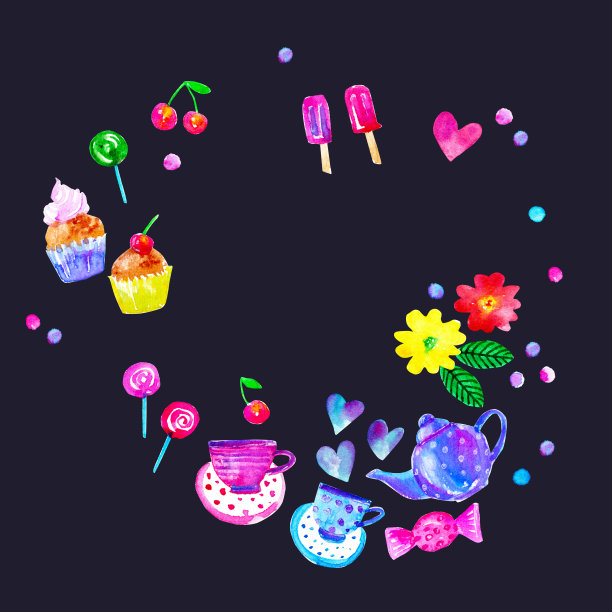 甜食品花环背景心，茶壶，杯子，蛋糕，糖果，冰棒，鲜花图片下载