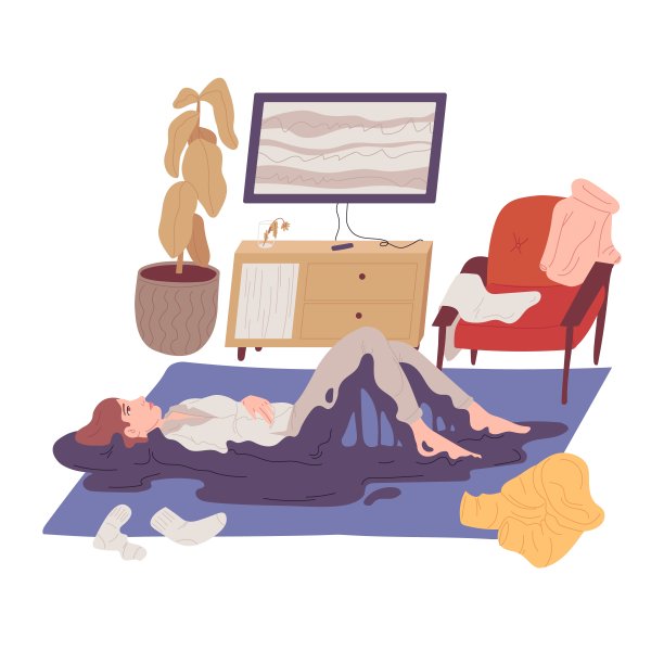 一个女人无动于衷地躺在地板上。精神分裂症的症状精神障碍的概念说明。平的卡通图片。图片下载