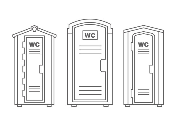 移动便携式生物厕所轮廓图标集。前视图。蓝色塑料壁橱厕所。矢量图图片下载