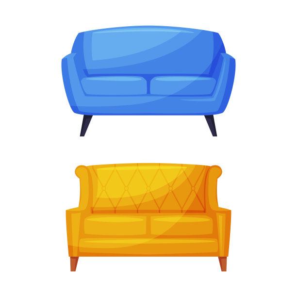 黄色和蓝色沙发，舒适的房间室内家具矢量插图图片下载