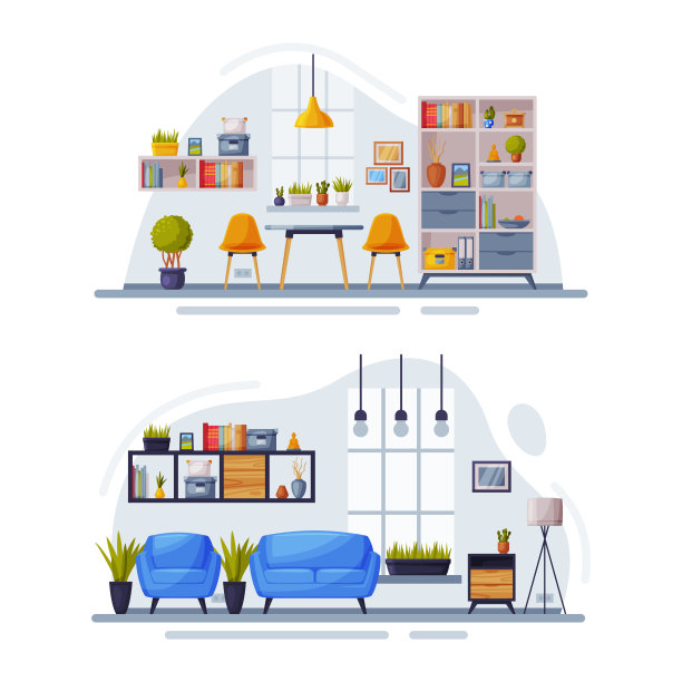 舒适的房间内饰有舒适的沙发，扶手椅，书柜，咖啡桌和家庭装饰配件集矢量插图图片下载