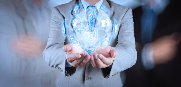 电子商务概念，虚拟现实数字界面，购物车和送货卡车的图标和信用卡，在互联网上购买的符号。图片下载