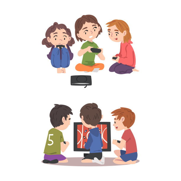 可爱的孩子一起玩视频游戏卡通矢量插图图片下载