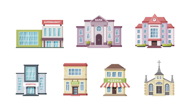 城市政府、私人和市政建筑设置了公共场所的城市建筑立面图片下载