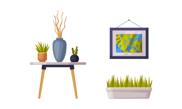 舒适的房间装饰元素设置。小木桌，图片和室内植物矢量插图图片下载