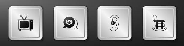 设置复古电视，祖父，助听器和摇椅图标。银广场按钮。向量图片下载