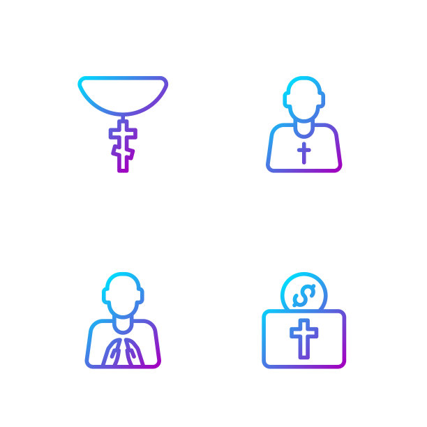 设置捐赠线供教堂、手放在祈祷的位置、基督教十字架链和牧师使用。渐变颜色图标。向量图片下载