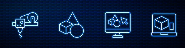 设置线3D打印机软件，基本几何形状和。砖墙上闪烁的霓虹灯图标。向量图片下载