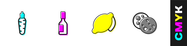 设置胡萝卜，塔巴斯科酱汁，柠檬和饼干与巧克力图标。向量图片下载