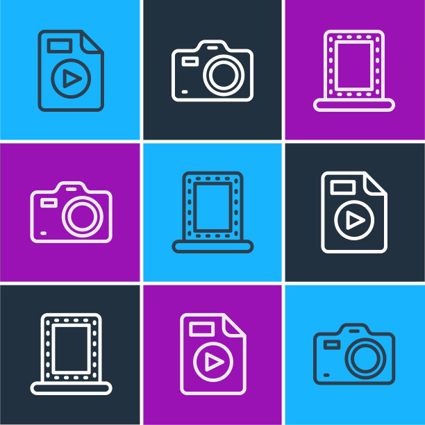 设置行AVI文件文档，化妆镜与灯和照片相机图标。向量图片下载