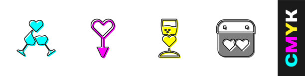 设置香槟杯，女性的性别符号，和日历与心的图标。向量图片下载