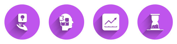 设置灯泡，头部谜题策略，财务增长和旧沙漏图标与长阴影。向量图片下载