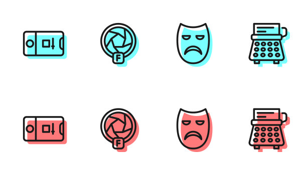 设置线戏剧戏剧面具，照片和视频拍摄，相机快门和复古打字机图标。向量图片下载