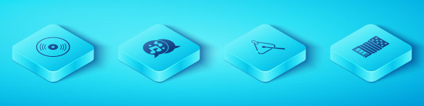 设置等距乙烯基磁盘，音乐笔记，音调，手风琴和三角形图标。向量图片下载