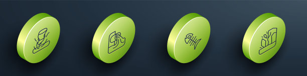 设置等距线龙卷风，废水，死鱼和冰川融化图标。向量图片下载