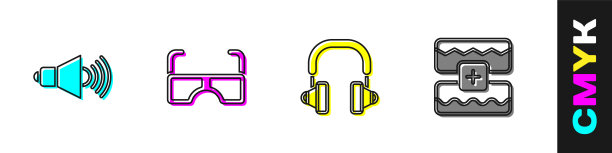 设置扬声器音量，眼镜，耳机和音乐波均衡器图标。向量图片下载