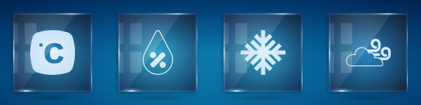 设置摄氏温度，水滴百分比，雪花和刮风天气。方形玻璃面板。向量图片下载