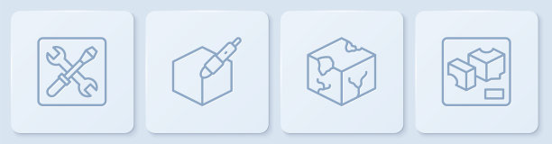 3D打印机设置线，等距立方体，3D笔工具和。白色正方形按钮。向量图片下载