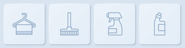 将毛巾挂在衣架上，清洁喷雾瓶，扫帚柄和清洗剂瓶。白色正方形按钮。向量图片下载