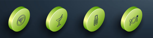 设置等距线Wi-Fi无线，马提尼玻璃，手提箱和盘子，刀叉图标。向量图片下载