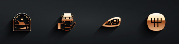 设置汽车汽油表，汽车服务检查汽车，汽车大灯和变速器图标与长阴影。向量图片下载