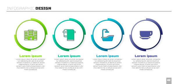集酒店建筑，毛巾衣架，浴缸和咖啡杯。业务信息模板。向量图片下载