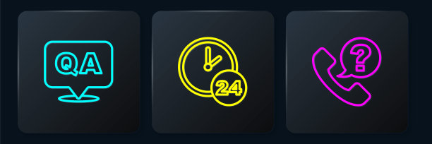 设置线路问题和回答，电话24小时支持和时钟。黑色方形按钮。向量图片下载