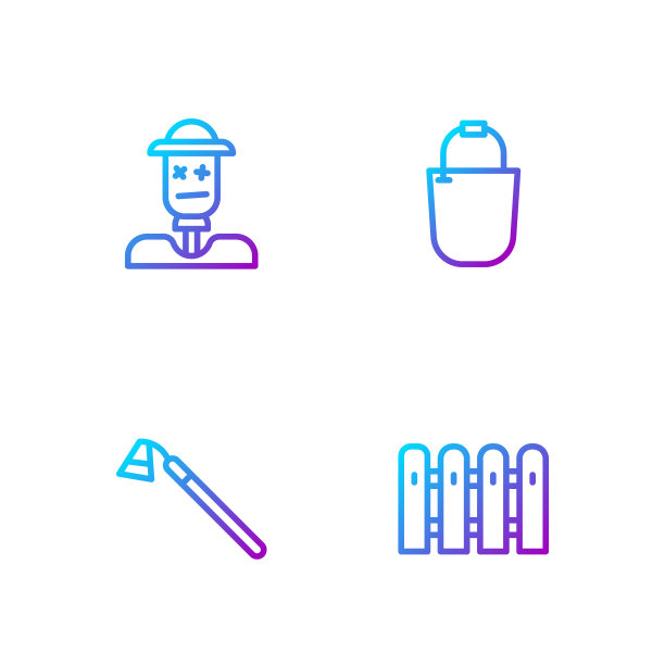 设置线花园栅栏木，锄头，稻草人和水桶。渐变颜色图标。向量图片下载