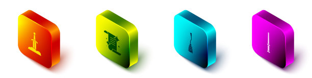 设置石中的等距剑，古老的魔法书，女巫的扫帚和魔杖图标。向量图片下载