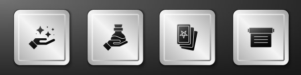 设置闪烁星星与魔术，瓶子药水，三塔罗牌和古代书的图标。银广场按钮。向量图片下载