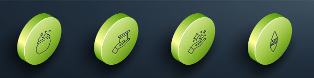 设置等距线女巫坩埚，魔术师的帽子在手中，闪烁的星星与魔术技巧和巫师术士图标。向量图片下载