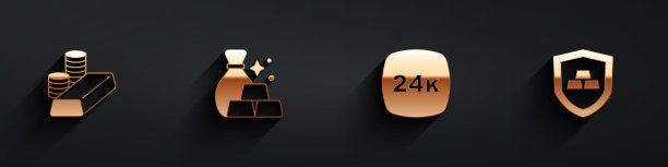 设置金币与金条，袋，24k和盾牌图标与长阴影。向量图片下载