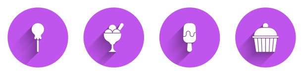 设置棒棒糖，冰淇淋在碗，和蛋糕图标与长影子。向量图片下载