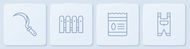 套线镰刀，装满植物种子，花园栅栏木和工人服。白色正方形按钮。向量图片下载