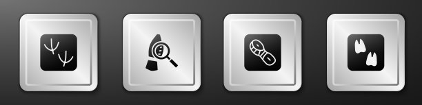 设置鸽子爪印，放大镜与脚印，人的脚印鞋和骆驼图标。银广场按钮。向量图片下载