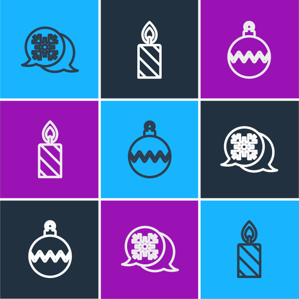 设置一行雪花语音泡泡，圣诞球和燃烧的蜡烛图标。向量图片下载