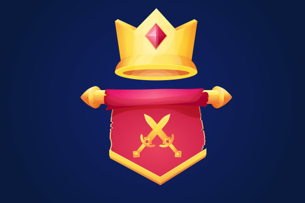 红色悬挂中世纪旗帜，布质金色装饰，剑徽和卡通风格的王冠孤立在背景上。Ui游戏资产，纹章设计元素，。矢量图图片下载