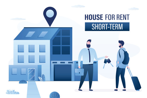 房地产经纪人将钥匙交给客户。男性游客短期出租房屋。背景上有车库的大农舍。短期租赁概念图片下载