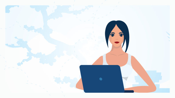 在笔记本电脑前工作的女孩。教育或工作观念。矢量插图。图片下载