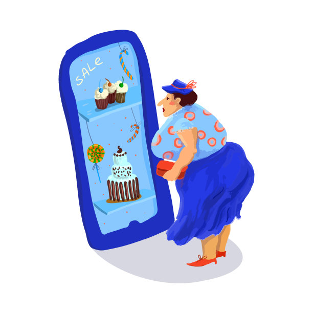 一个胖女人在网上商店挑选甜点。提供糕点和纸杯蛋糕的网上商店。素材图片